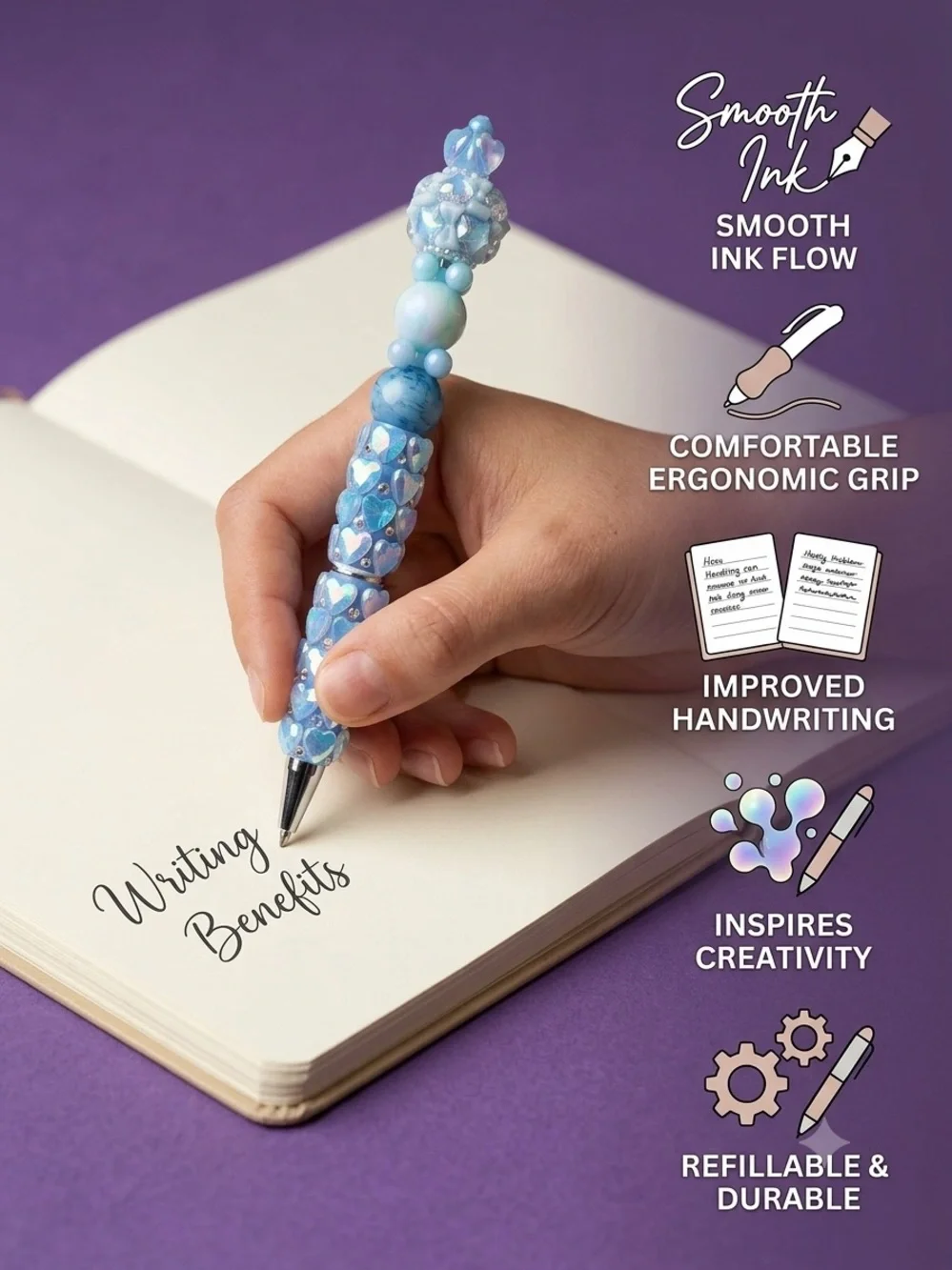 🩵 Handmade Beaded Pen – Iridescent Blue & Heart Sparkle